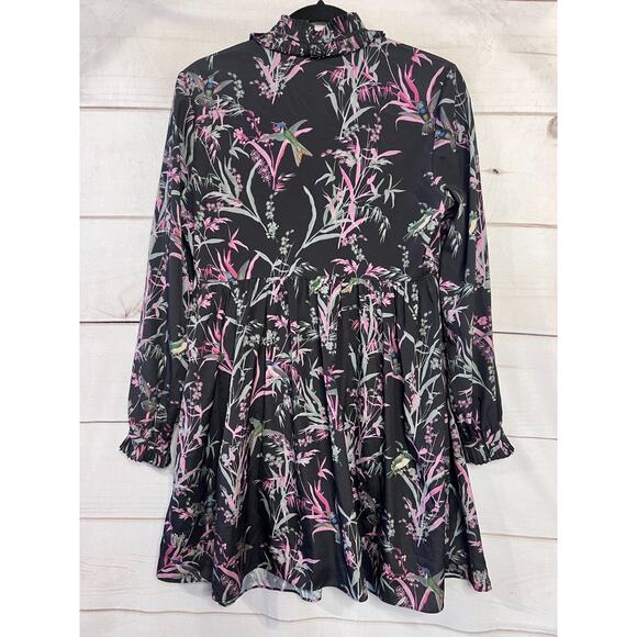 Ted Baker London Size 2 (US sz 6) Long Sleeve Black Bird Print Ruffled Collar - Picture 2 of 5